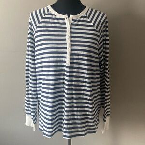 Old Navy Striped Henley Navy Blue & Off White 100% Cotton Long Sleeve Tee XL NWT